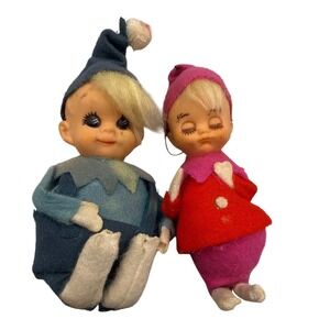 Vintage Christmas Elf Pixie Dolls Pair Felt Made in Japan